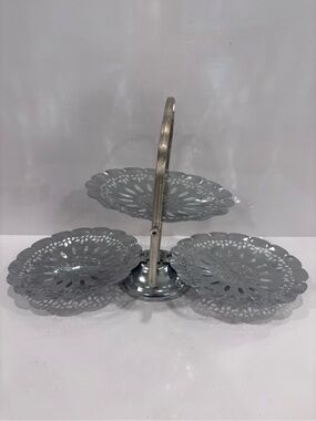 Vintage Folding 3-Tier Chrome Tidbit Tray Dessert Stand Tea Sandwich Server